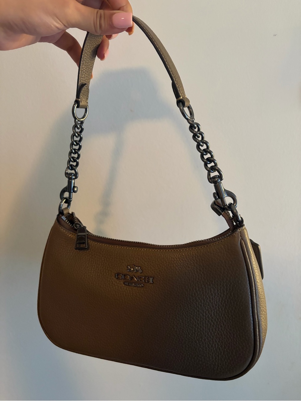 Coach Pebbled Leather Shoulder Bag in Dark Brown with Gunmetal Chain